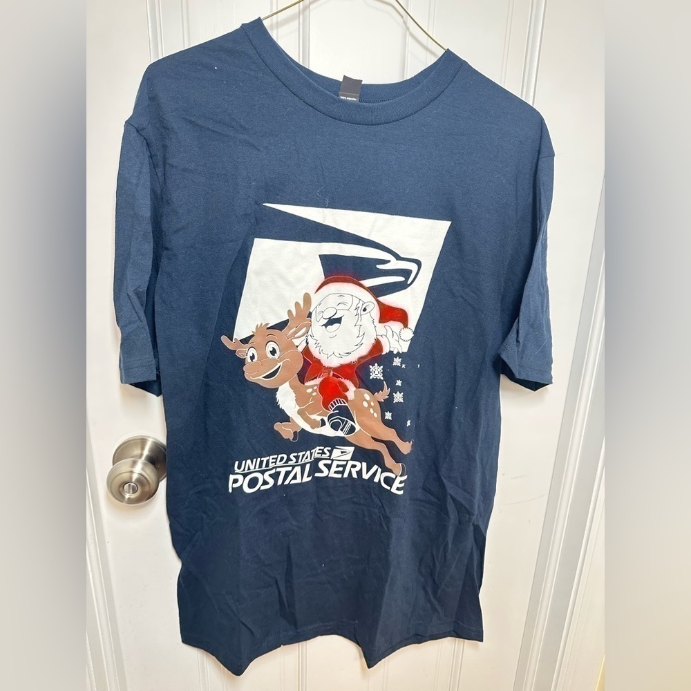 District US Postal Service Santa Blue Top Short Sleeve T-Shirt Size Large